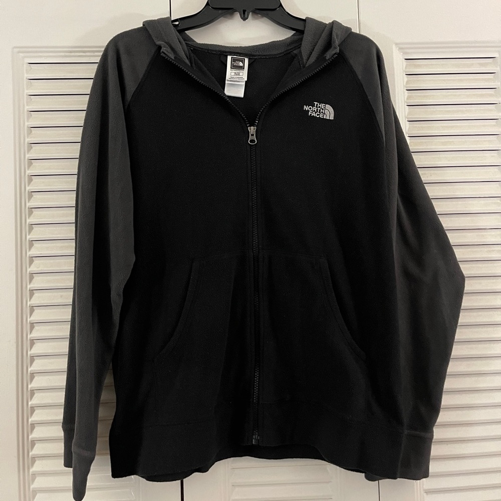 Boys North Face black and gray fleece zip jacket.